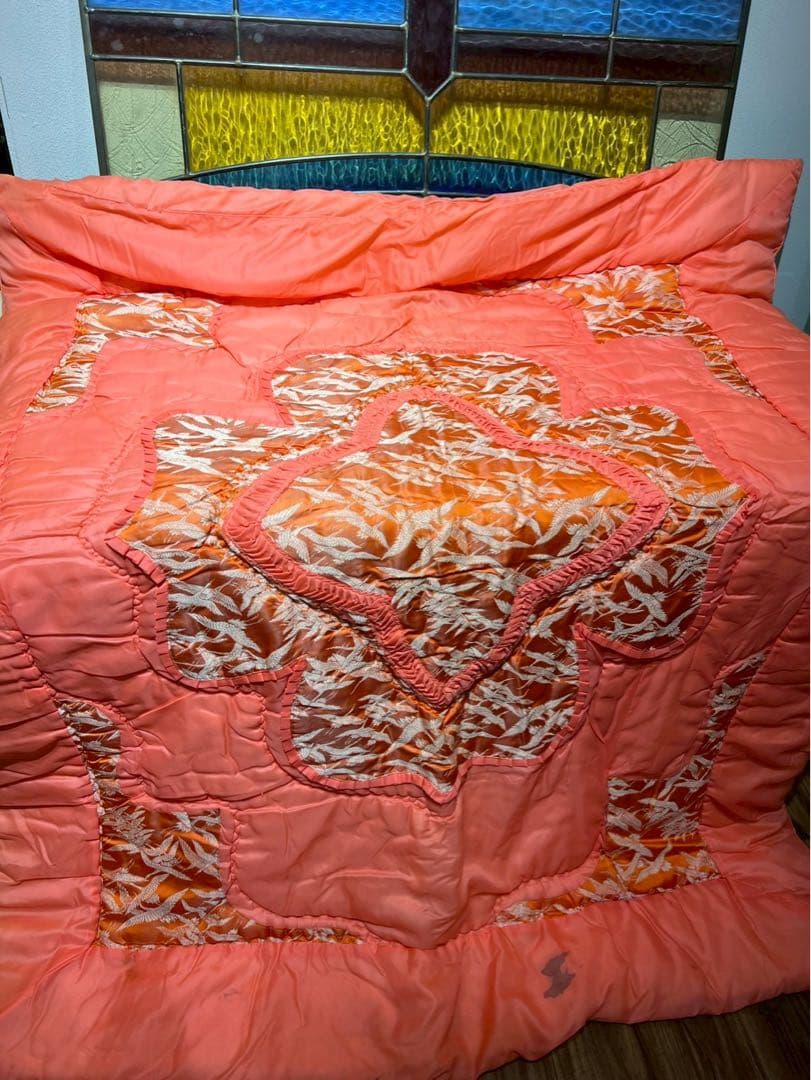 掛布団 昭和レトロ 当時物 サテン インテリア 鶴 ビンテージ