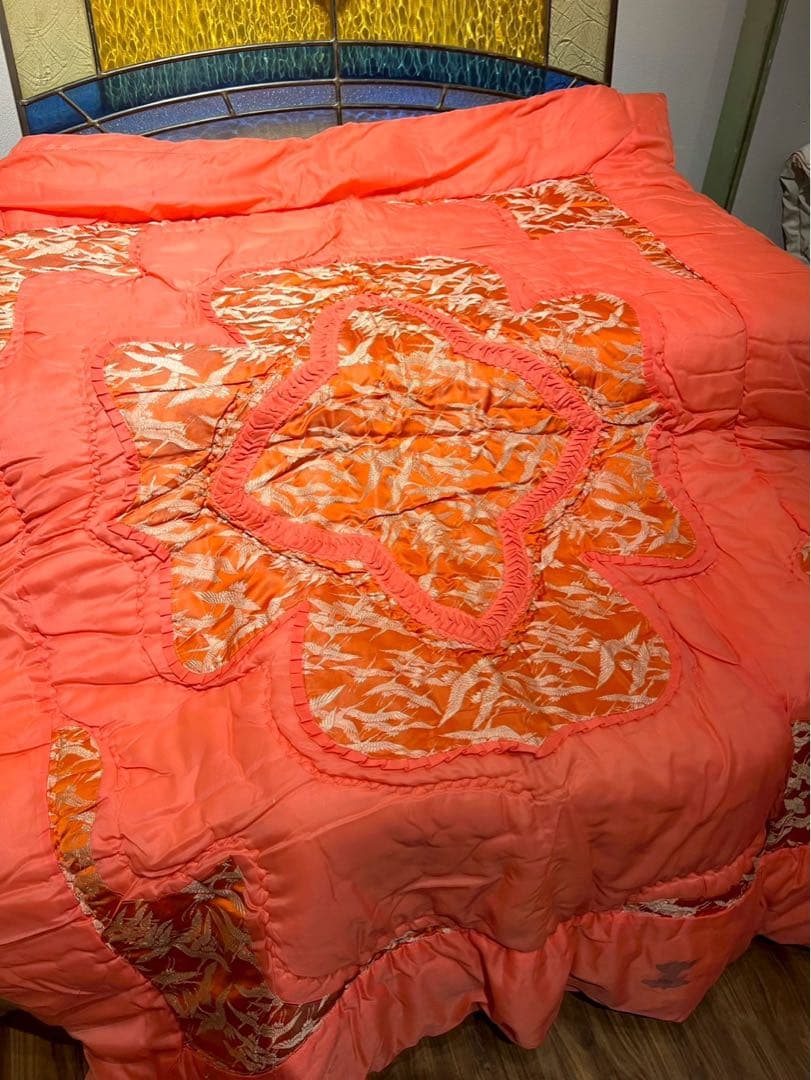 掛布団 昭和レトロ 当時物 サテン インテリア 鶴 ビンテージ