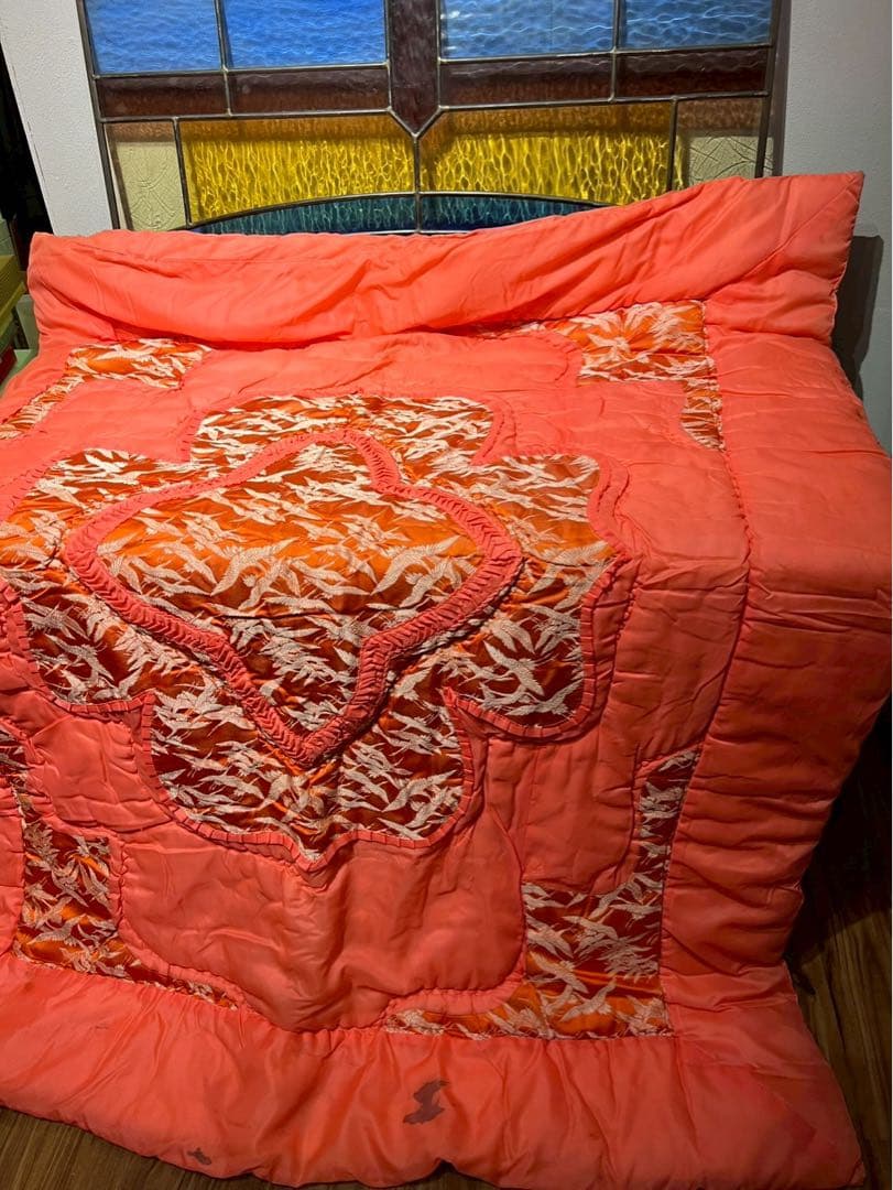 掛布団 昭和レトロ 当時物 サテン インテリア 鶴 ビンテージ