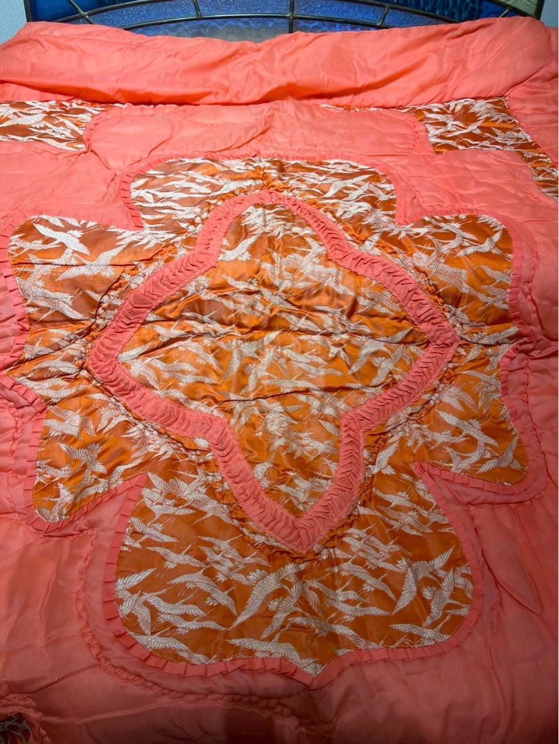 掛布団 昭和レトロ 当時物 サテン インテリア 鶴 ビンテージ