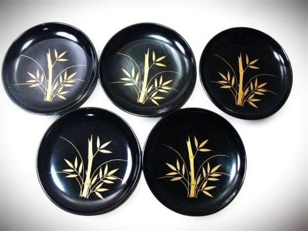 輪島塗竹蒔絵 金蒔絵 菓子皿 5枚 木皿 天然木 本漆器 茶道具 共箱