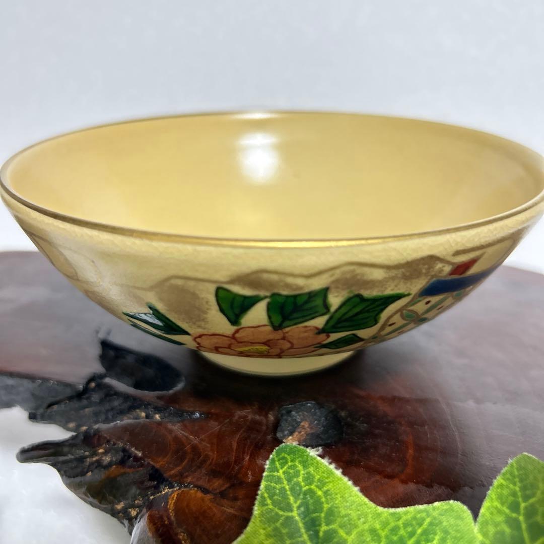 京焼 清水焼 平安覚人 金彩扇椿柄 平茶碗 夏茶碗 抹茶茶碗 茶道具