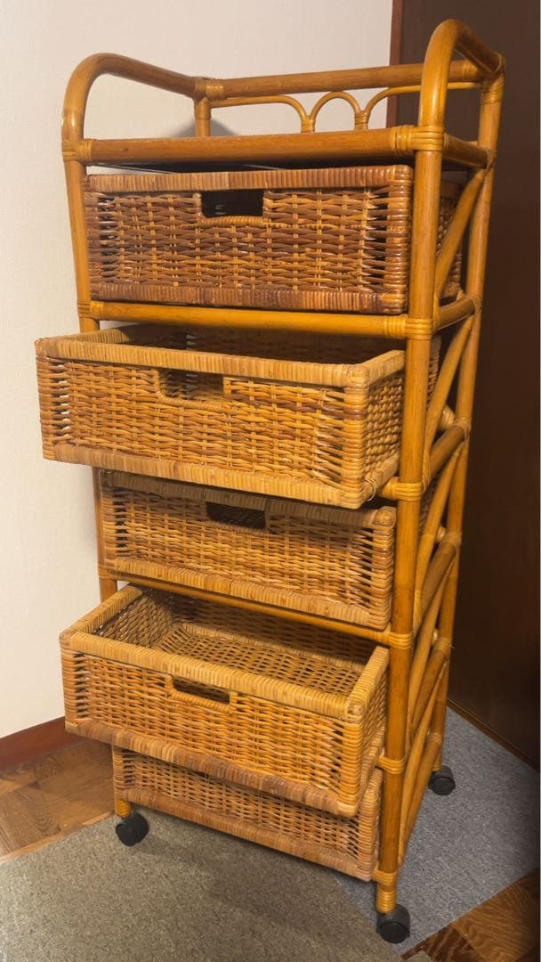籐製 5段ラック収納ボックス アンティーク 送料元払い(直接引取-¥8,600)