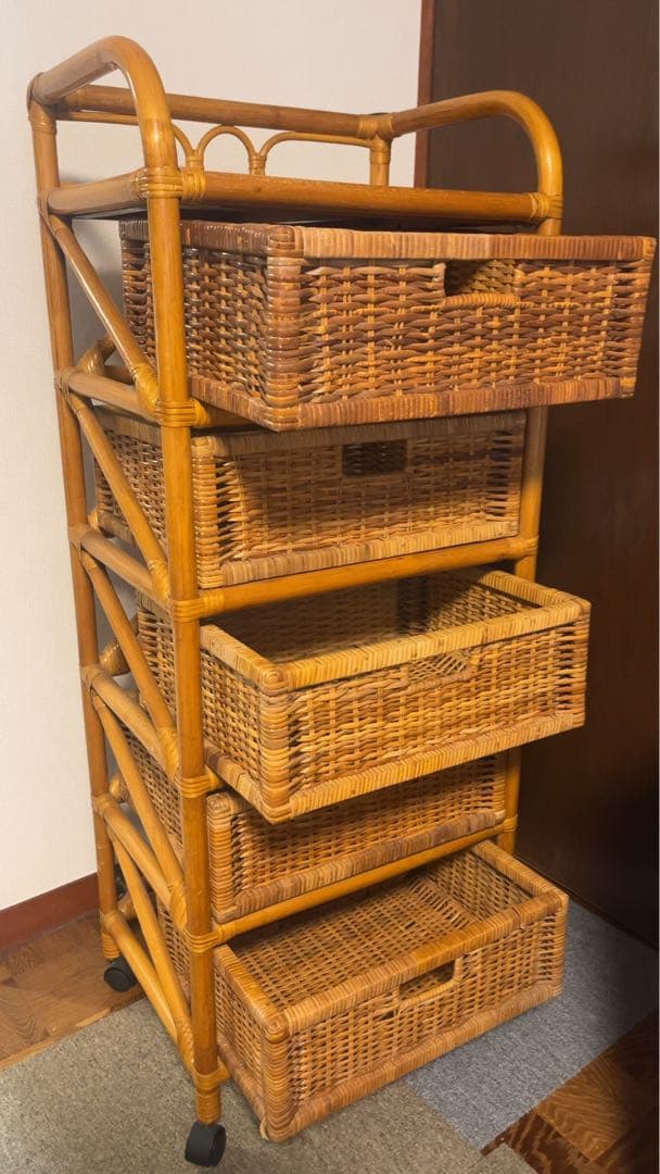 籐製 5段ラック収納ボックス アンティーク 送料元払い(直接引取-¥8,600)
