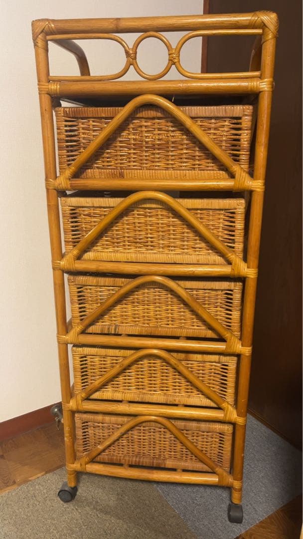 籐製 5段ラック収納ボックス アンティーク 送料元払い(直接引取-¥8,600)