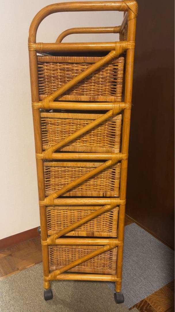 籐製 5段ラック収納ボックス アンティーク 送料元払い(直接引取-¥8,600)