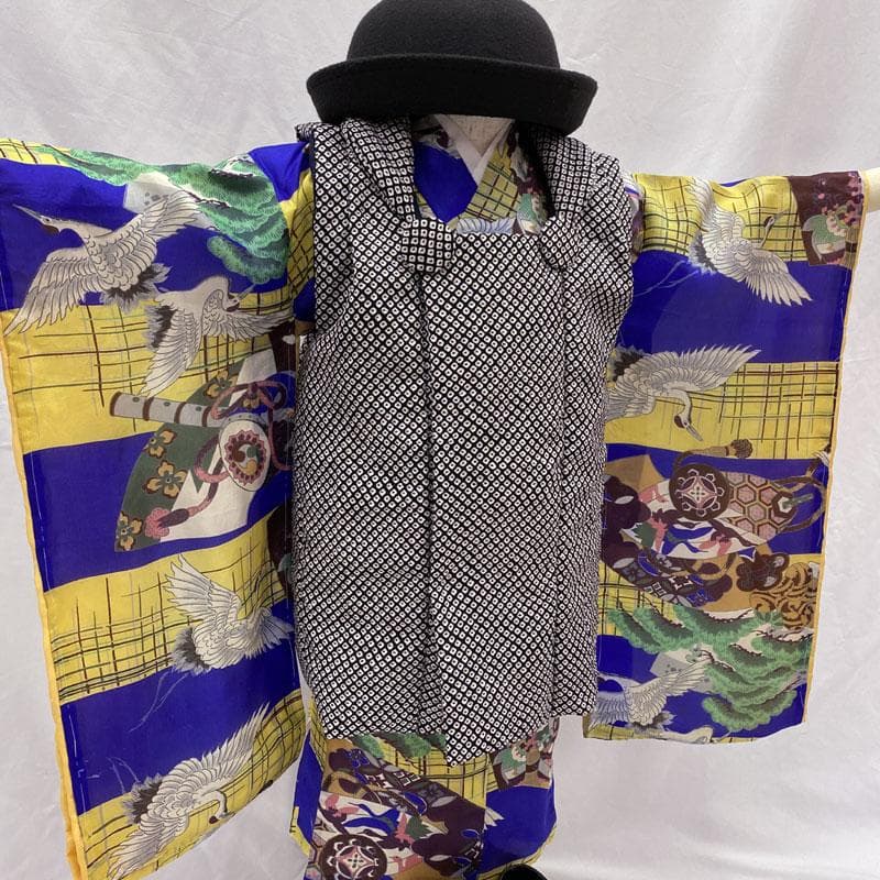 510ab4◎七五三 三歳 男の子 アンティーク着物&被布 レトロ 群青色◎