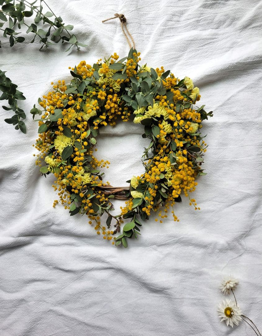 幸せを呼ぶ♡馬蹄型リース　ミモザリース　ドライフラワー　ユーカリ