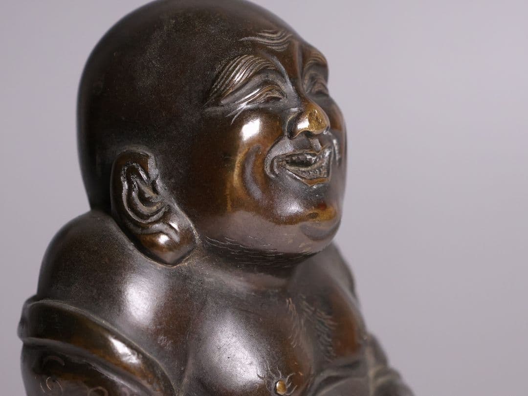 時代 銅製 晴珉造 布袋像 18.4cm 明治金工 置物 七福神 縁起【M415