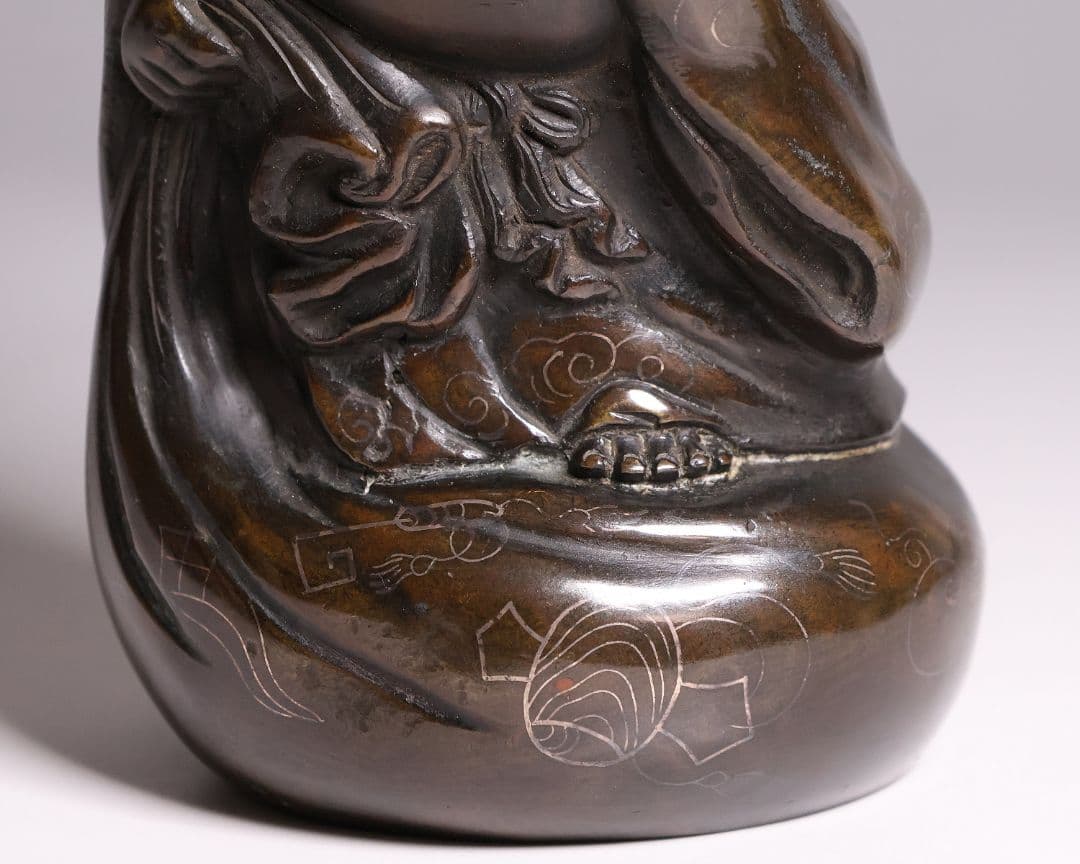 時代 銅製 晴珉造 布袋像 18.4cm 明治金工 置物 七福神 縁起【M415