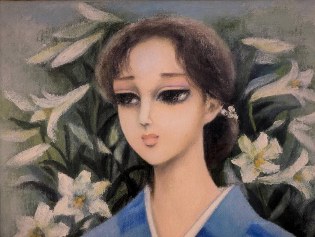 【真作】絵画　水落たけ乃　油彩8号　初夏　青き装いの麗人　和装美人画　U176