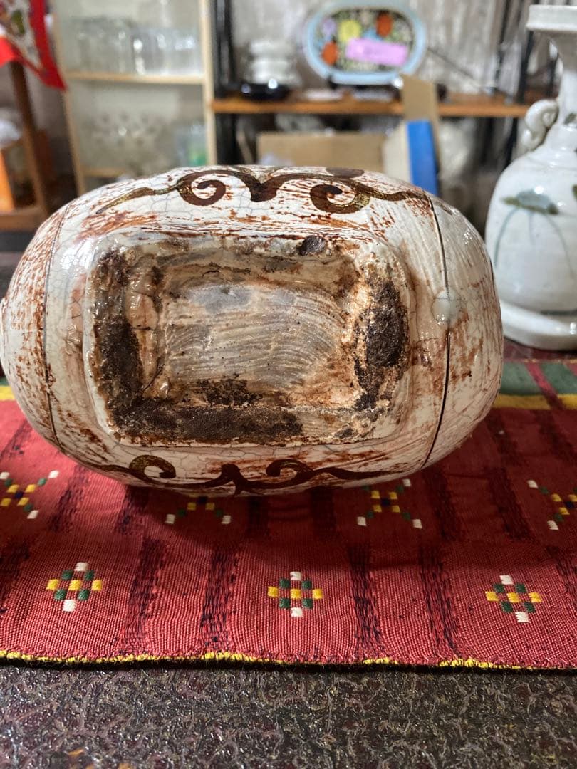 白磁 鉄絵 俵壺 李朝 朝鮮美術 韓国古美術 扁壺 時代物 鶏龍山窯 希少