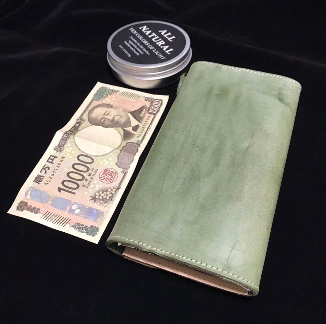 ブライドルレザー　長財布　ヌメ革　グリーン系　牛革　ロングウォレット　レザー