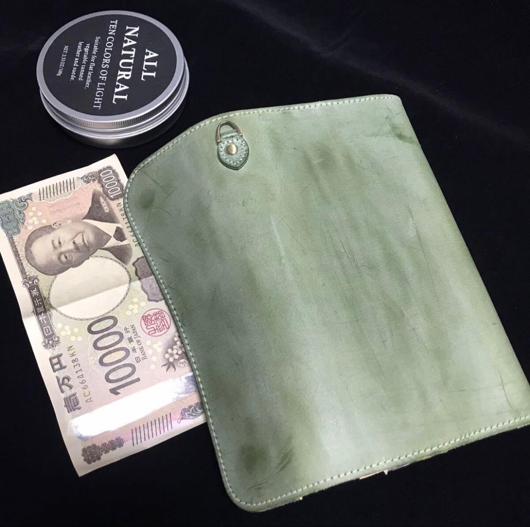 ブライドルレザー　長財布　ヌメ革　グリーン系　牛革　ロングウォレット　レザー