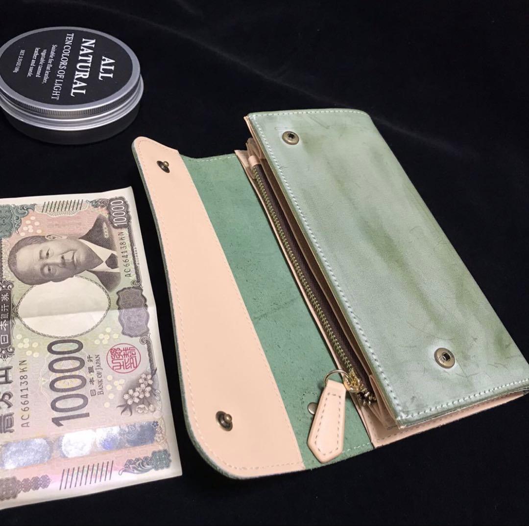 ブライドルレザー　長財布　ヌメ革　グリーン系　牛革　ロングウォレット　レザー