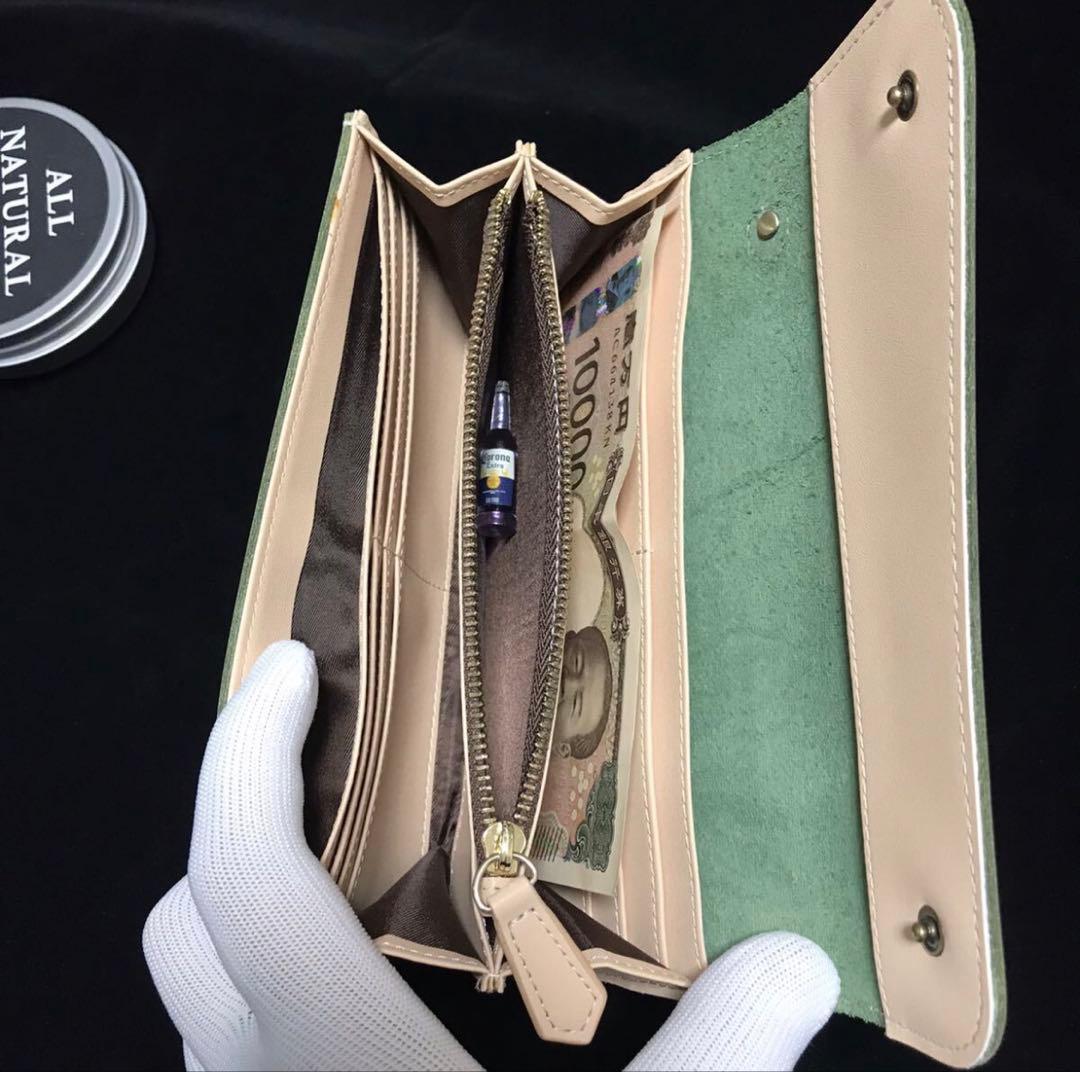 ブライドルレザー　長財布　ヌメ革　グリーン系　牛革　ロングウォレット　レザー