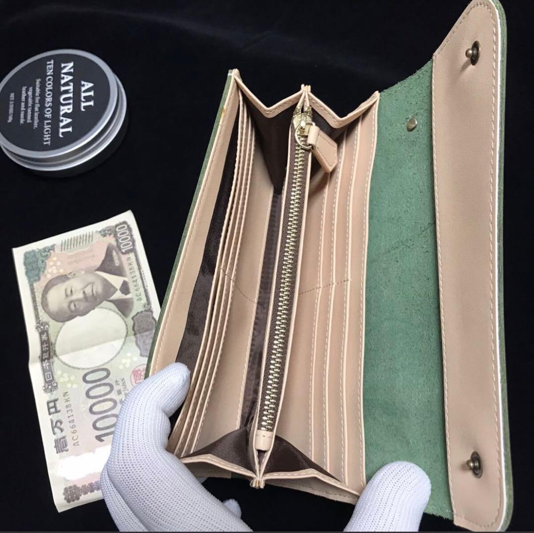 ブライドルレザー　長財布　ヌメ革　グリーン系　牛革　ロングウォレット　レザー