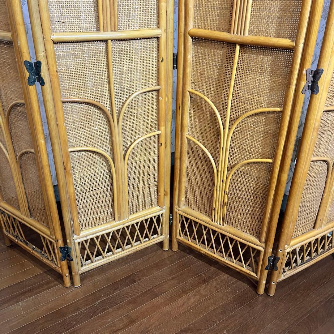 【アンティーク】籐 ラタン 4連 パーテーション 衝立 目隠し 間仕切り 古道具