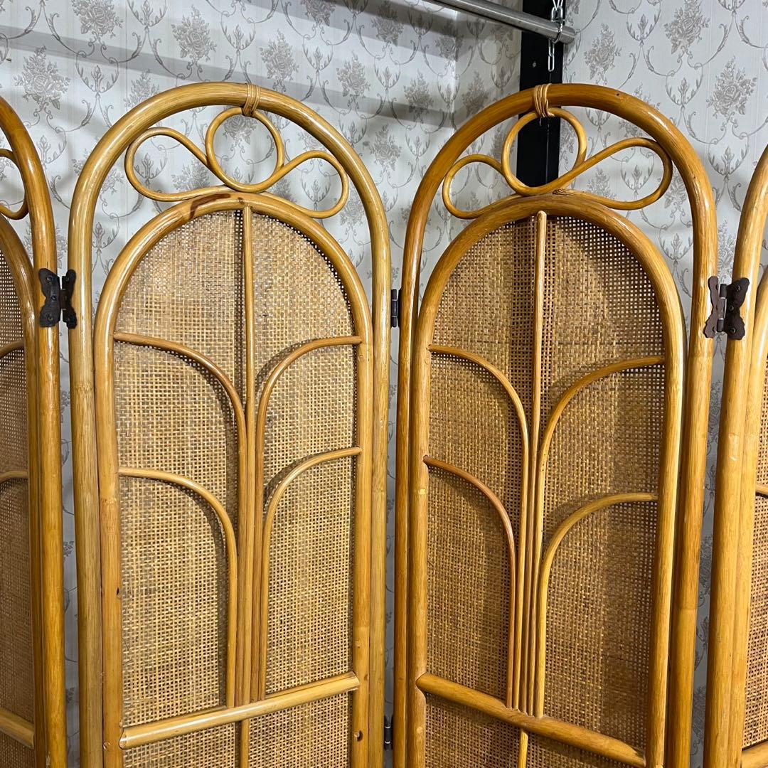 【アンティーク】籐 ラタン 4連 パーテーション 衝立 目隠し 間仕切り 古道具