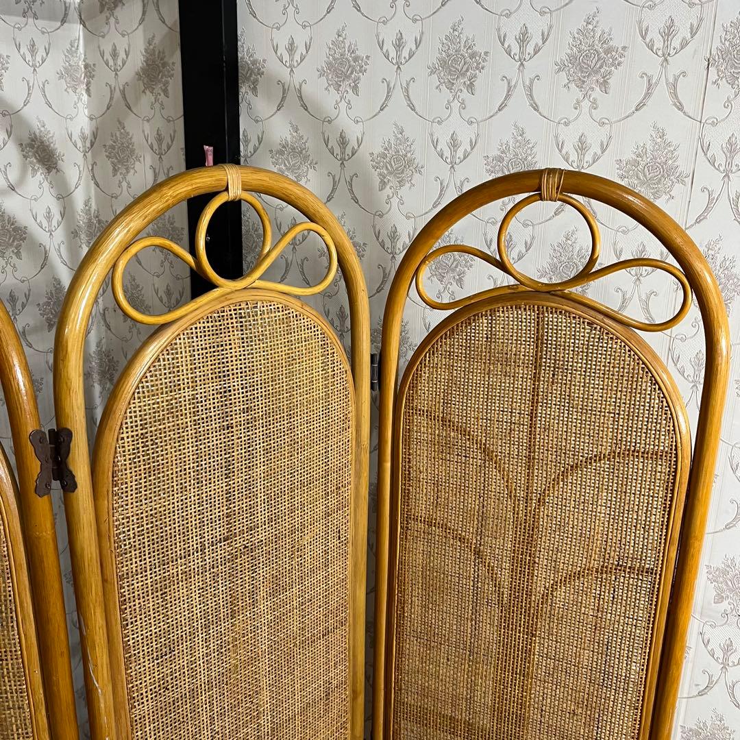 【アンティーク】籐 ラタン 4連 パーテーション 衝立 目隠し 間仕切り 古道具