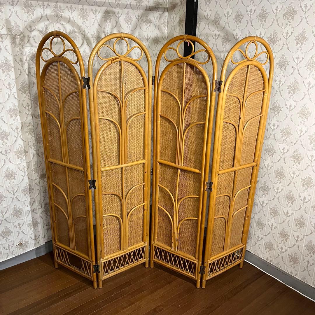 【アンティーク】籐 ラタン 4連 パーテーション 衝立 目隠し 間仕切り 古道具