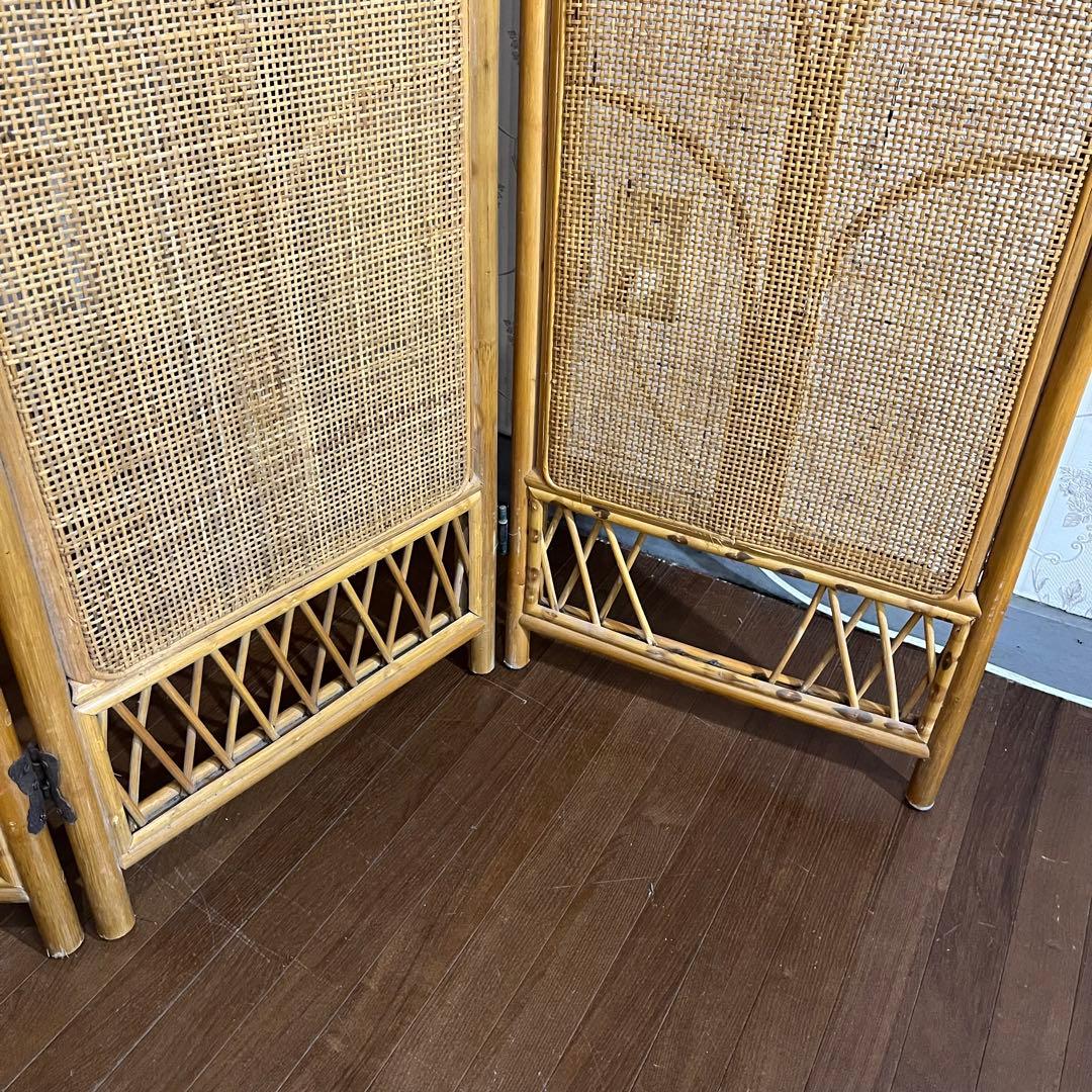 【アンティーク】籐 ラタン 4連 パーテーション 衝立 目隠し 間仕切り 古道具