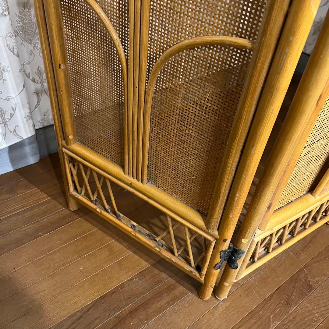 【アンティーク】籐 ラタン 4連 パーテーション 衝立 目隠し 間仕切り 古道具