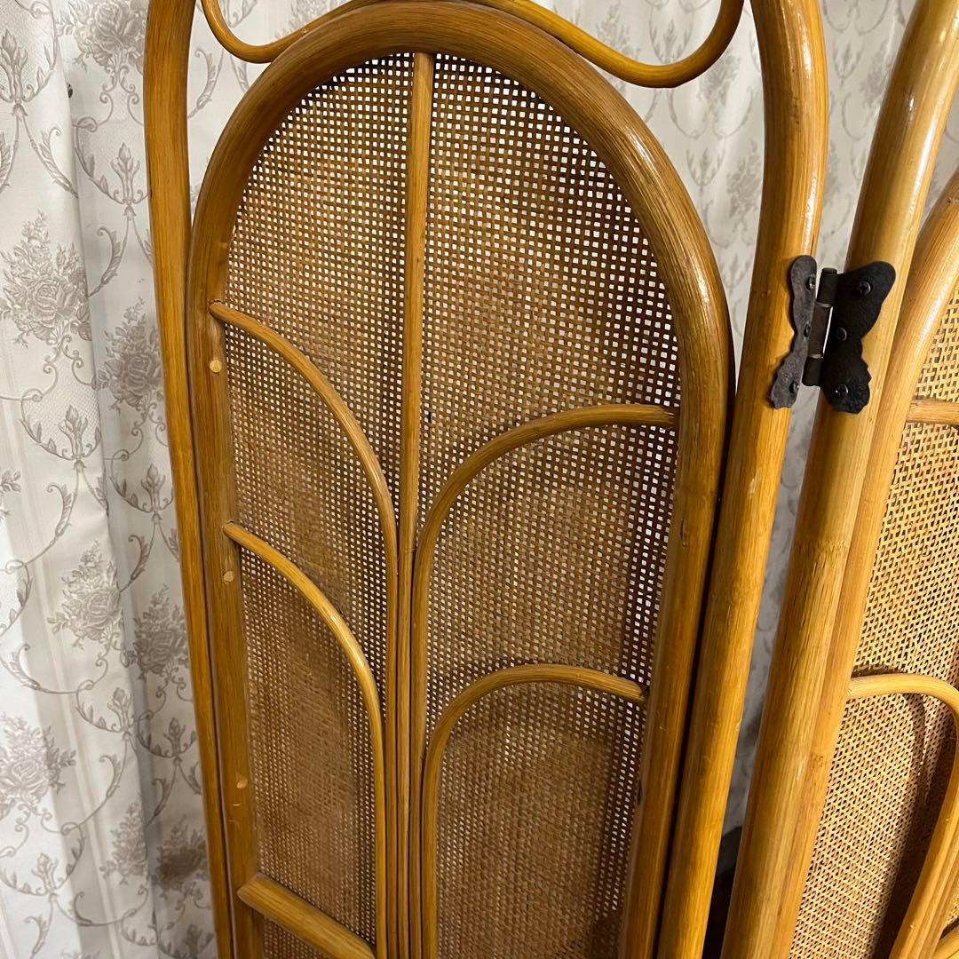 【アンティーク】籐 ラタン 4連 パーテーション 衝立 目隠し 間仕切り 古道具