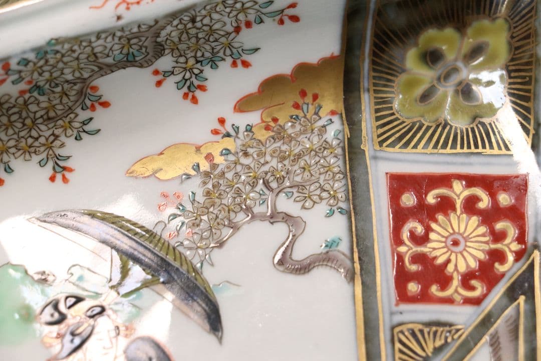 古伊万里 美人図 色絵 角皿 刺身皿 五客 人物 桜 小紋 明治期【MA424