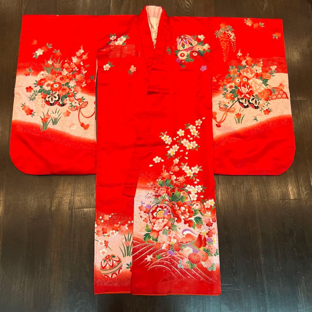 アンティーク 七五三 105cm前後 着物 作り帯 小物一式 フルセット 鼓 赤