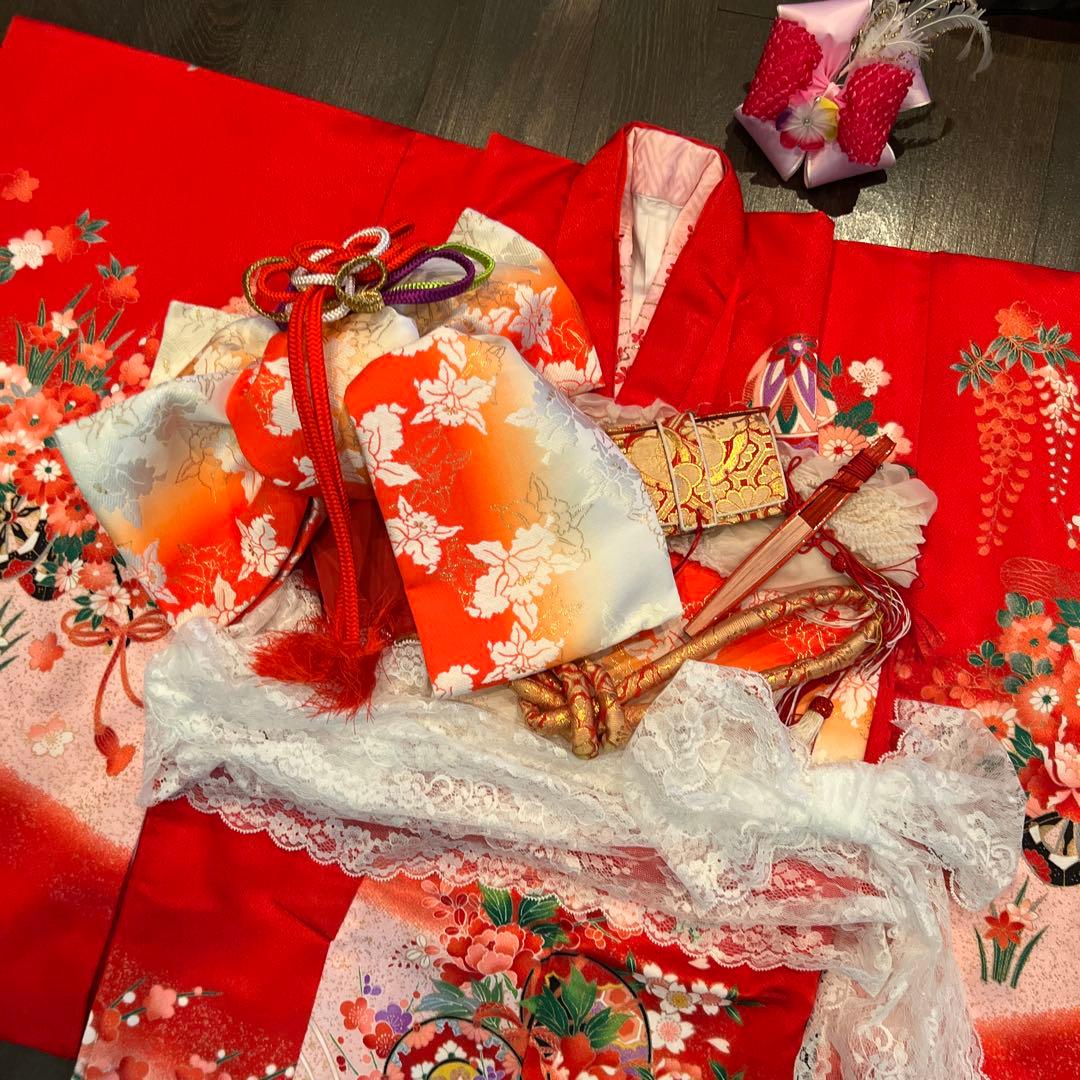 アンティーク 七五三 105cm前後 着物 作り帯 小物一式 フルセット 鼓 赤