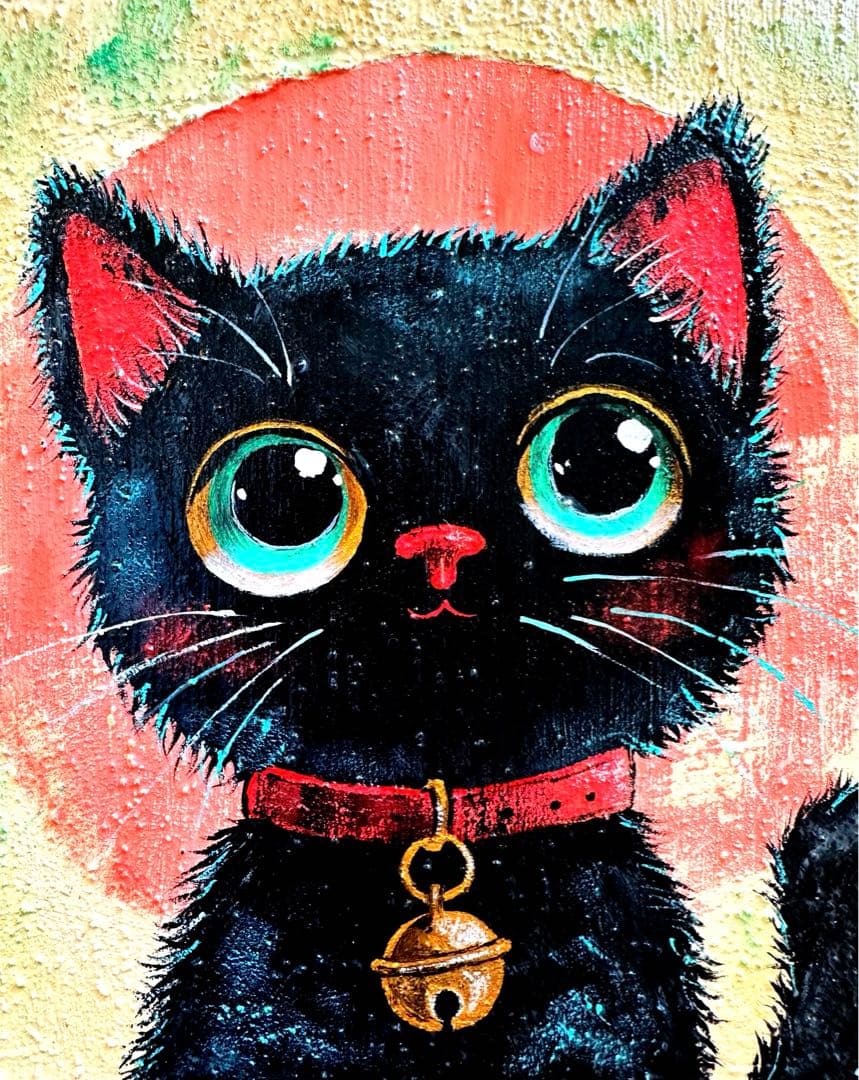 手描き ハンドメイド ポップアート 猫の絵画 【 お気に入りの鈴