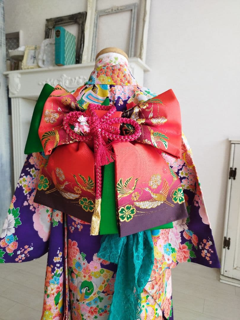 専用ですアンティーク紫にピンクブルー模様の着物