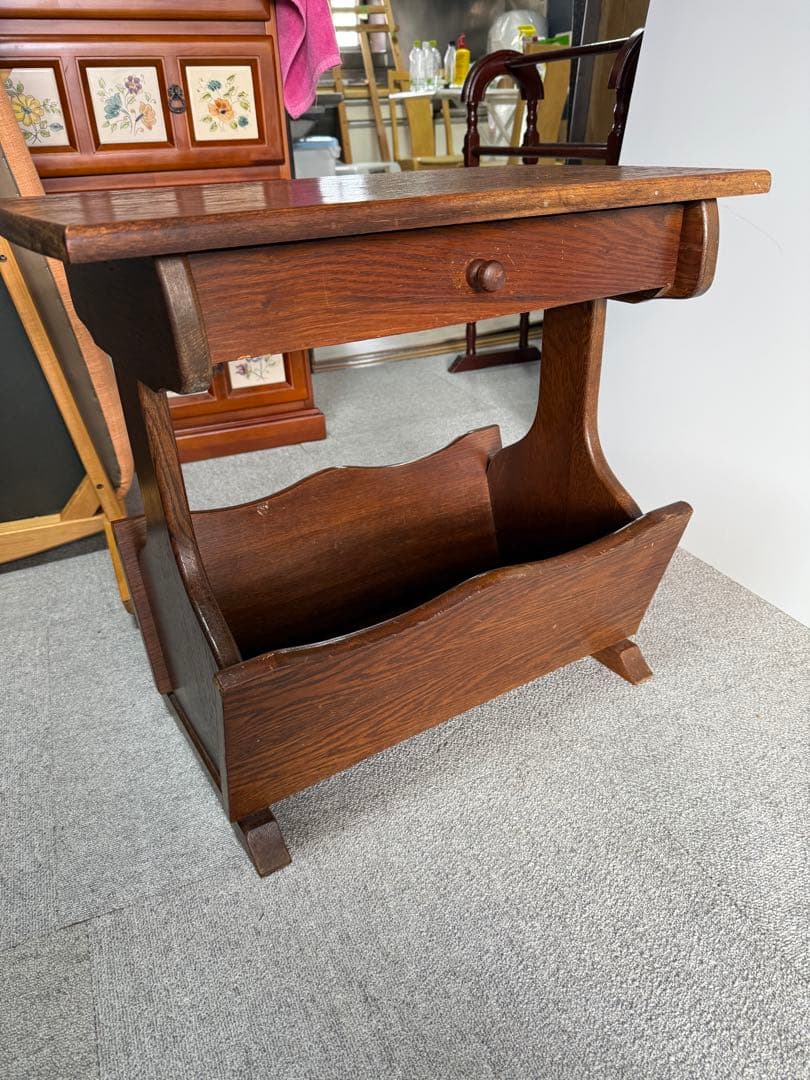 ヴィンテージ 両面引き出し マガジンラック付サイドテーブル W60 木製