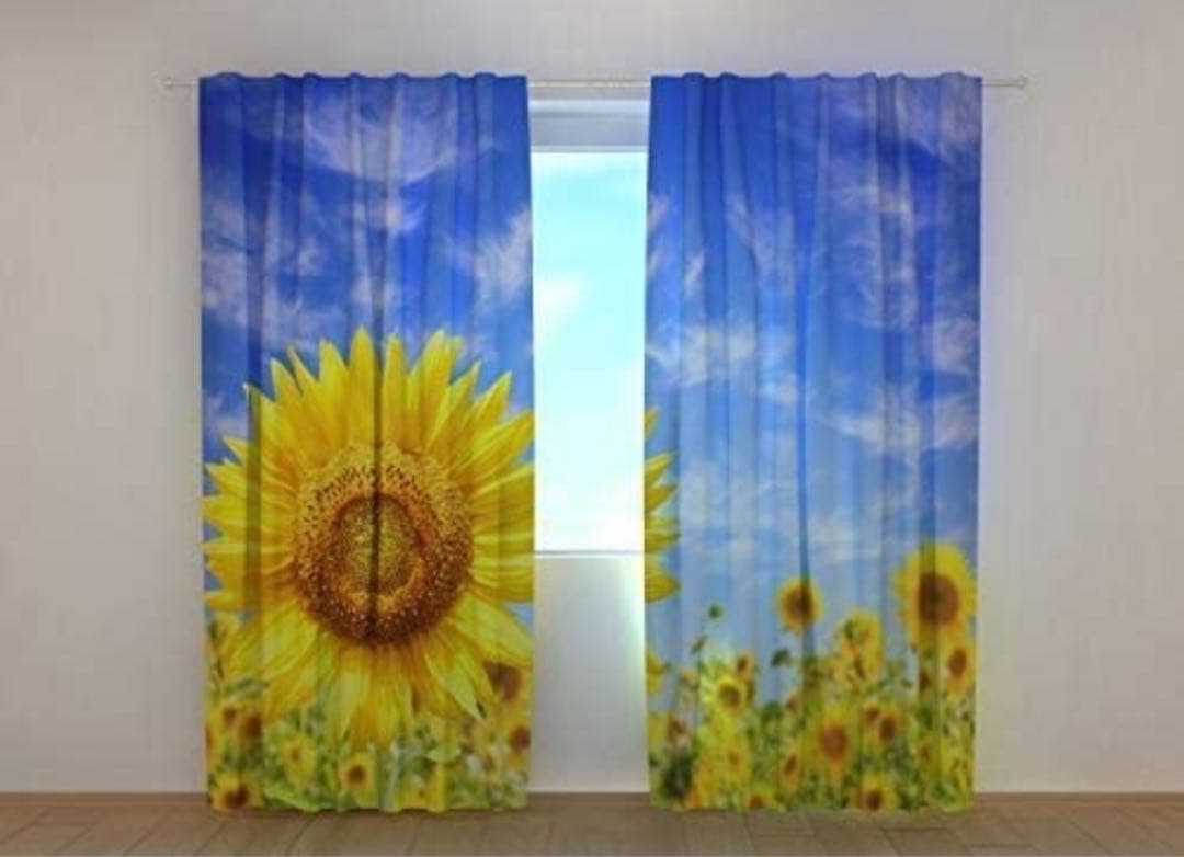 ひまわりデザイン カーテン 100cm x 180cm 二枚一組