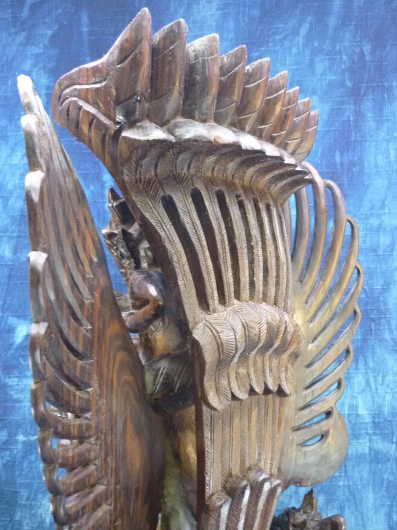 黒檀木彫 ビシュヌ神 ガルーダ ヒンドゥー教 バリ島 超細密彫刻 高さ53cm