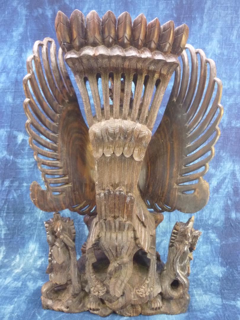 黒檀木彫 ビシュヌ神 ガルーダ ヒンドゥー教 バリ島 超細密彫刻 高さ53cm