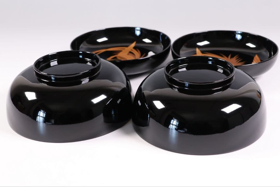 【CM397】天然木漆塗 菊桐鳳凰金蒔絵 黒塗 煮物椀 二客 昭和期 木製漆器