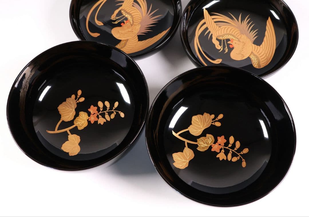 【CM397】天然木漆塗 菊桐鳳凰金蒔絵 黒塗 煮物椀 二客 昭和期 木製漆器