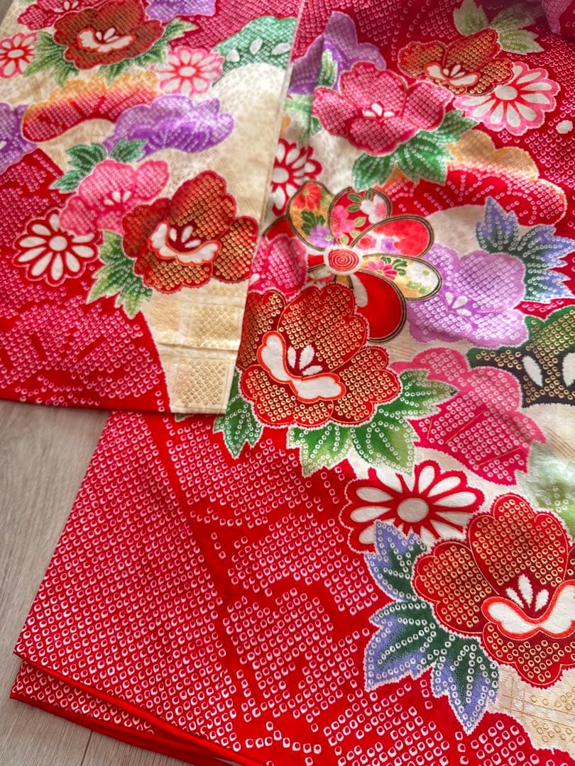 美品 七五三 三歳 女の子 正絹 赤 花柄 豪華お着物・長襦袢セット