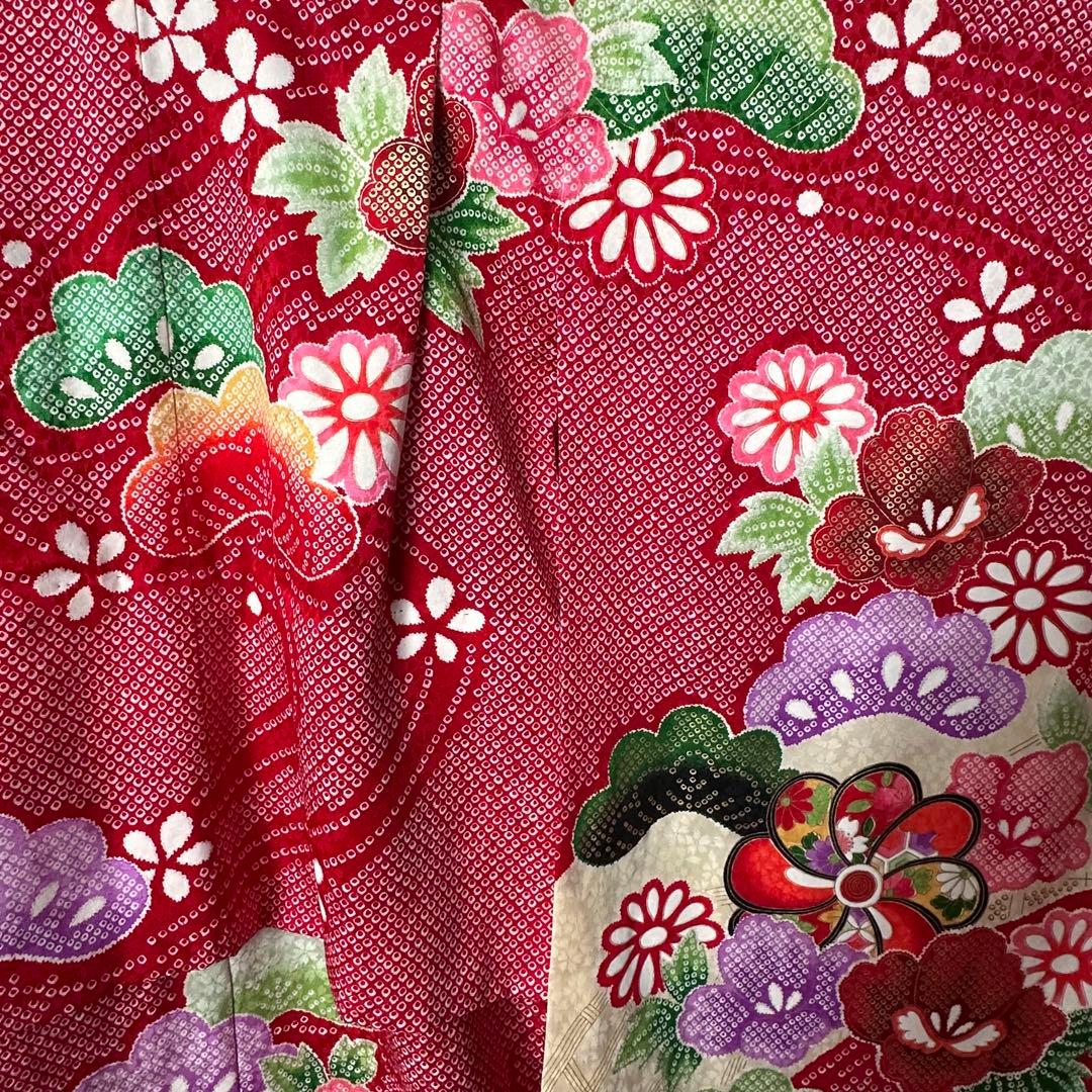 美品 七五三 三歳 女の子 正絹 赤 花柄 豪華お着物・長襦袢セット