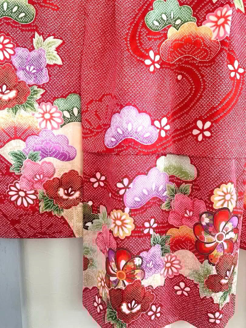 美品 七五三 三歳 女の子 正絹 赤 花柄 豪華お着物・長襦袢セット