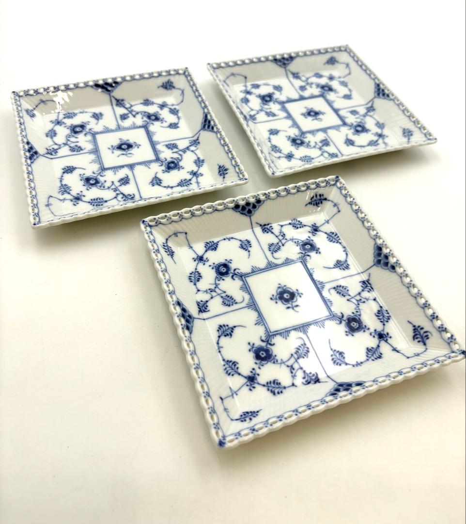 ロイヤルコペンハーゲンブルーフルーテッドフルレース 14cmスクエアS 3点箱付