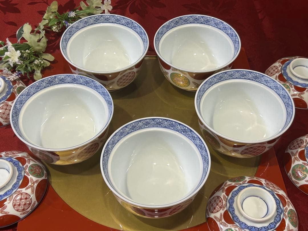 其泉作 赤濃丸紋 雑煮碗揃 赤絵 蓋付きどんぶり 新品未