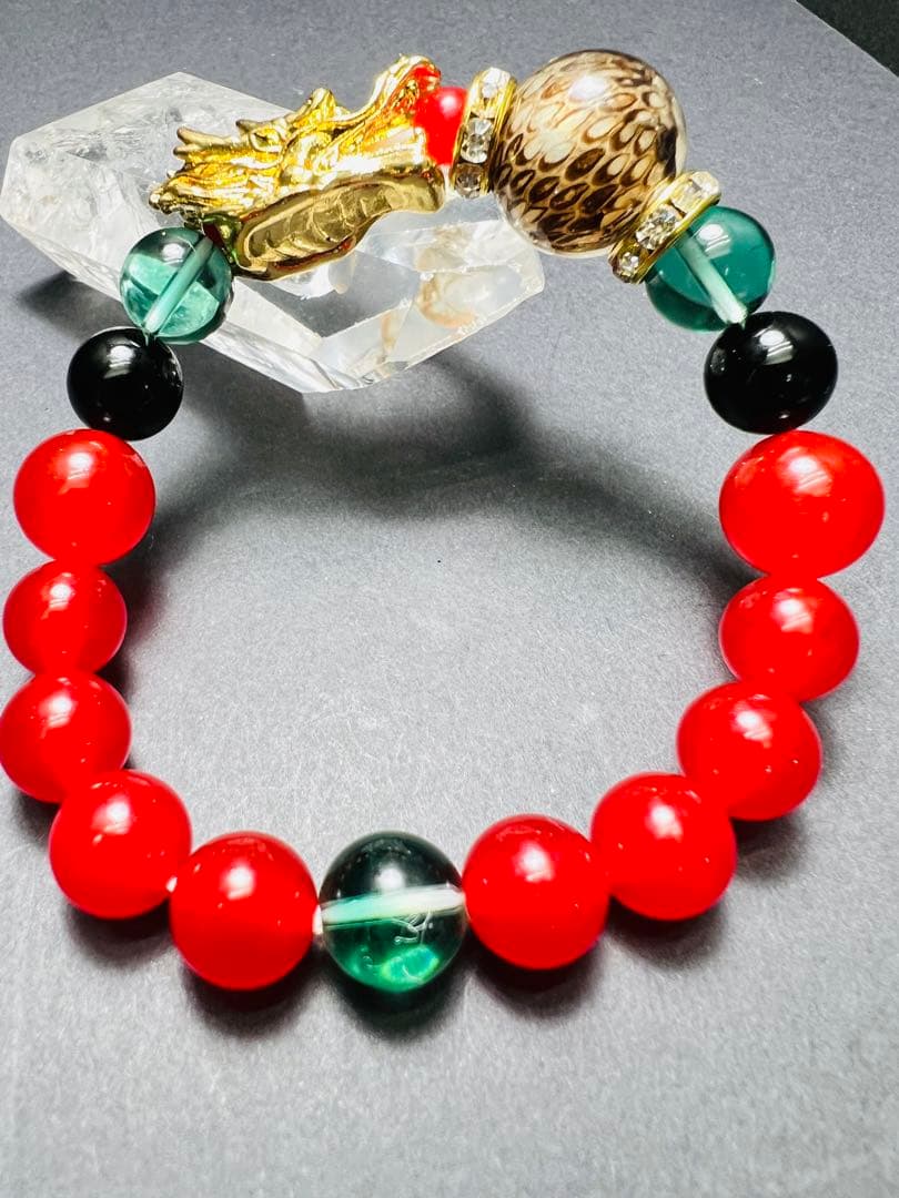 沖縄ハブ琉石&金龍頭 秘紅石 黄緑水晶 超金運ブレスレット❗️宝くじ運 すごい波動