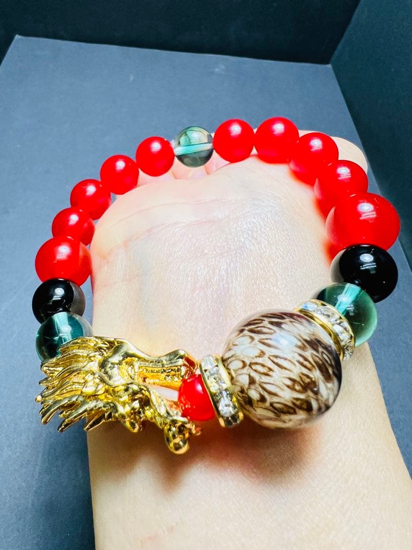 沖縄ハブ琉石&金龍頭 秘紅石 黄緑水晶 超金運ブレスレット❗️宝くじ運 すごい波動