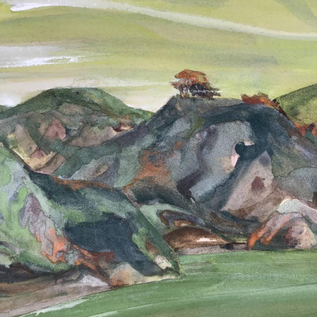 真作/福田新生/朝陽来風景/山水図/岩絵具/横物/掛軸☆宝船☆AE-428