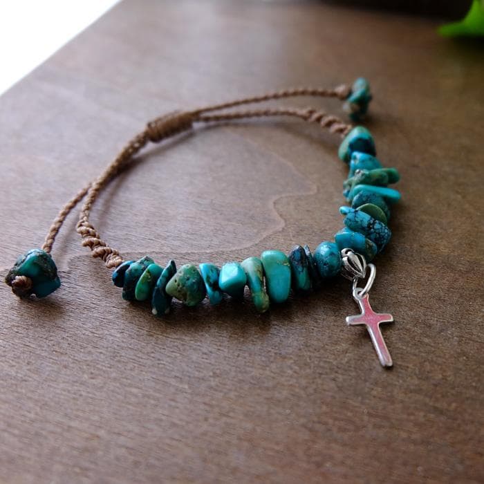 アメリカ産ターコイズ シルバー925チャームさざれ石マクラメブレスレット3811
