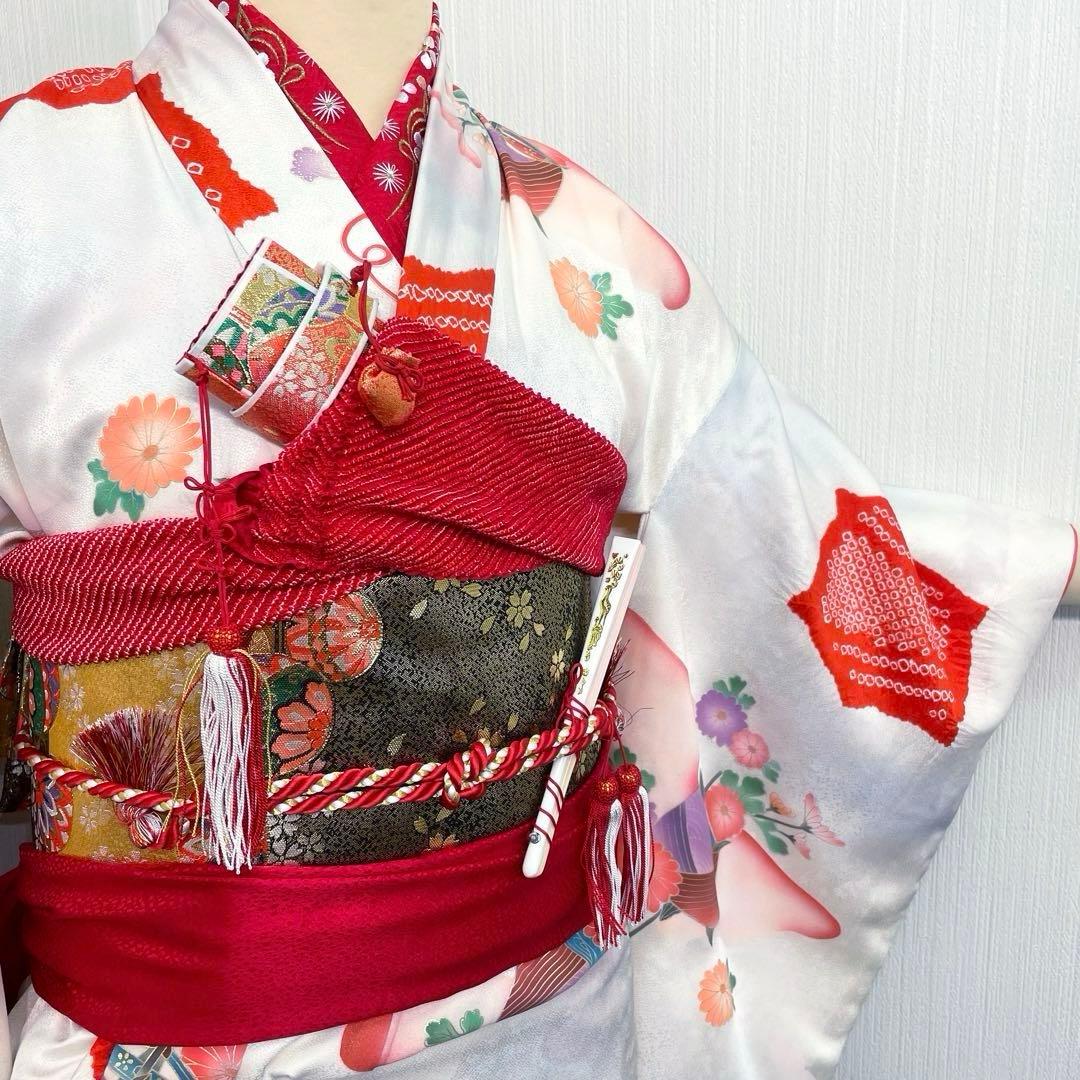 七五三 女の子 七歳用　正絹　部分絞り　古典柄　振袖　フルセット