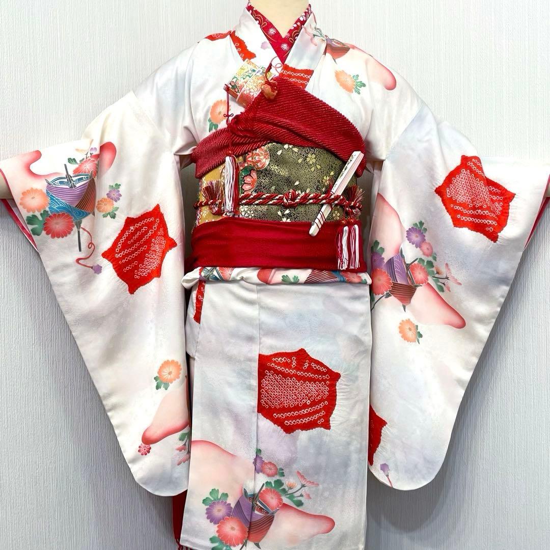 七五三 女の子 七歳用　正絹　部分絞り　古典柄　振袖　フルセット